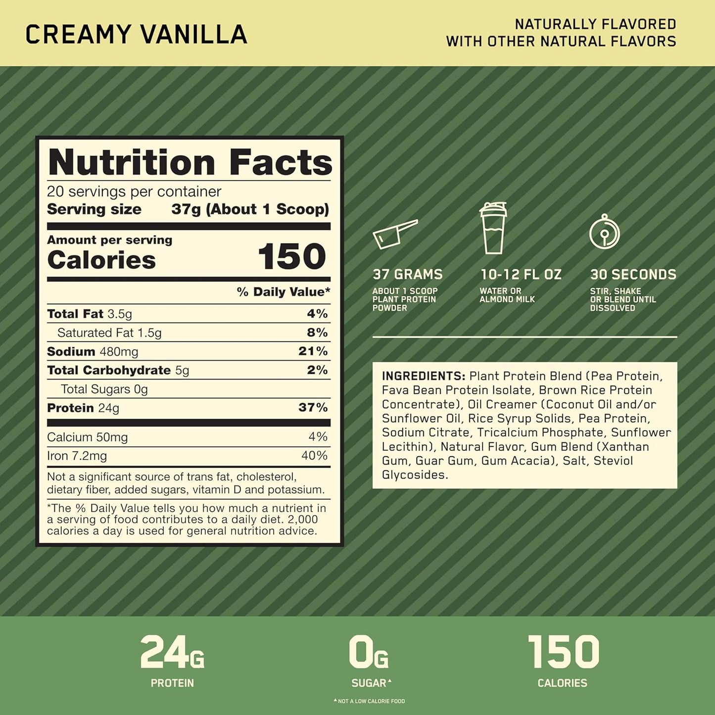 Optimum Nutrition Gold Standard 100% Plant Based Protein Powder - Creamy Vanilla, 20 Servings