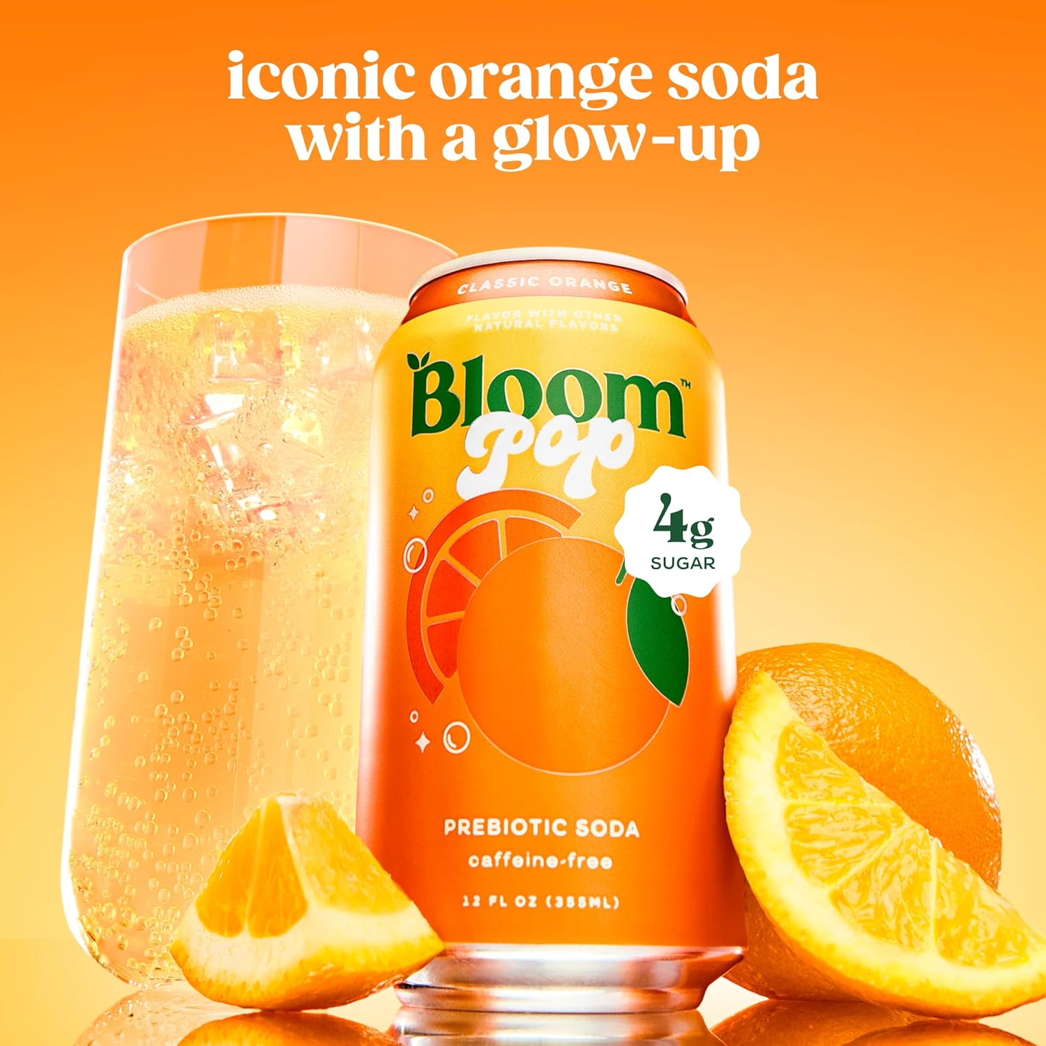 Bloom Pop Prebiotic Soda 12 Pack, Classic Orange Flavor, 12Oz Cans