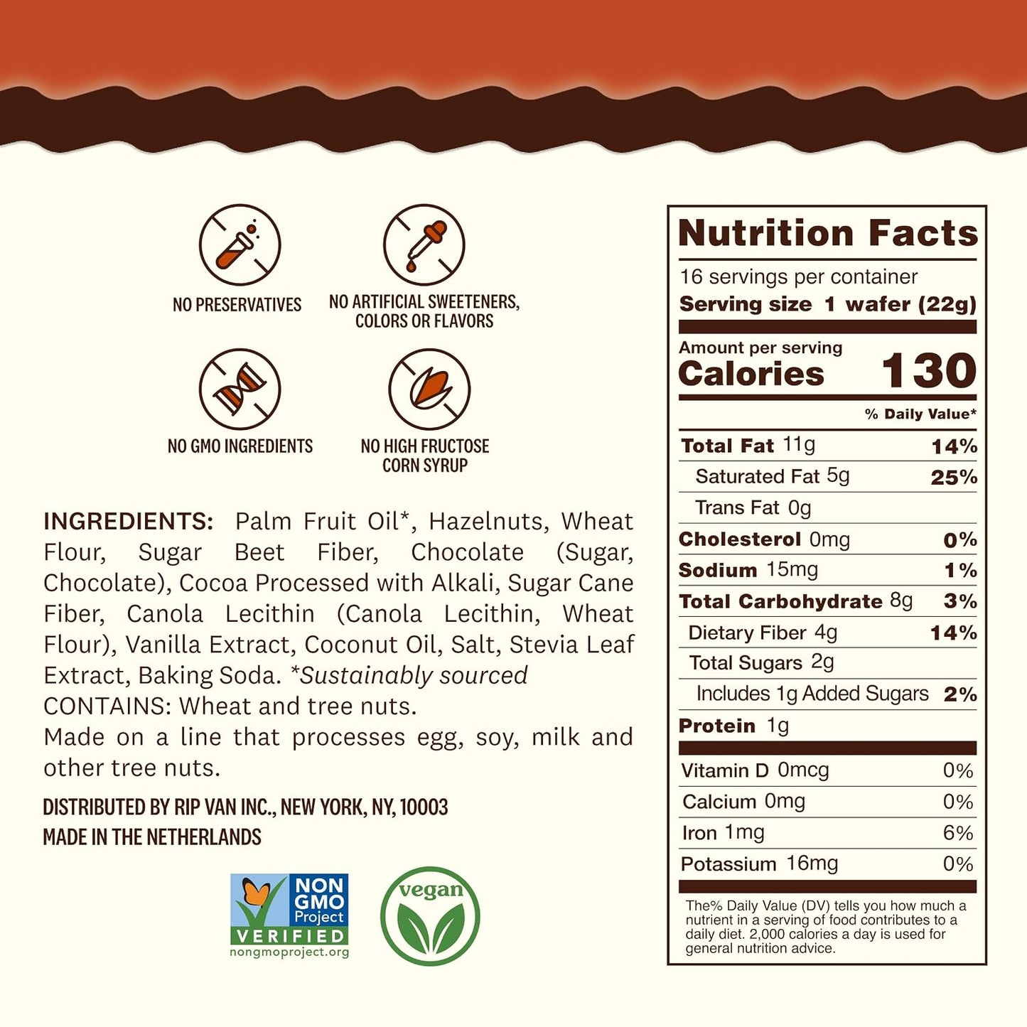 Rip Van Chocolate Hazelnut Wafer Cookies - Non GMO Keto Cookies - 16 Count
