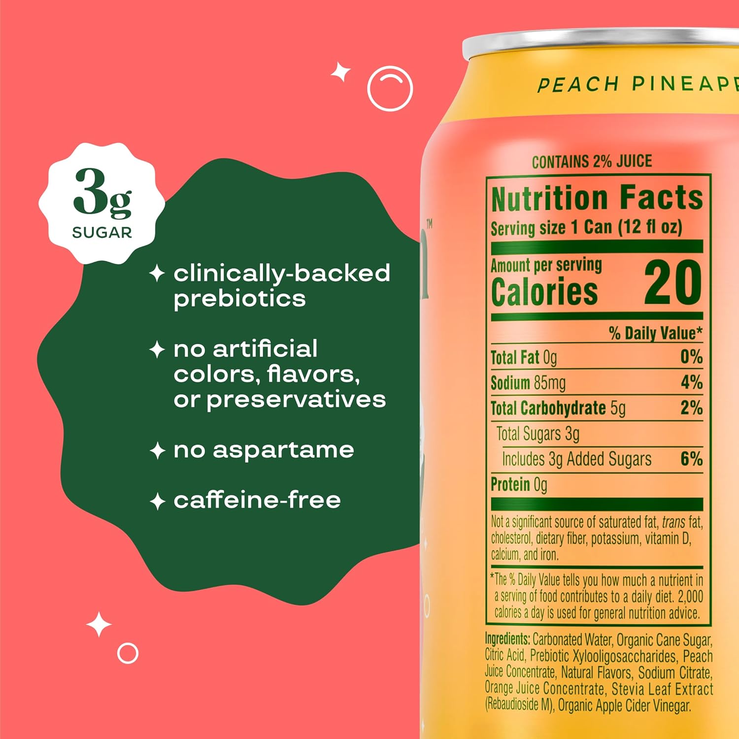 Bloom Pop Prebiotic Soda 12 Pack, Peach Pineapple, 12Oz Cans