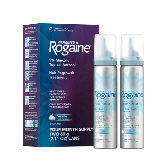 Two bottles of Women's Rogaine hair regrowth treatment with packaging on a white background