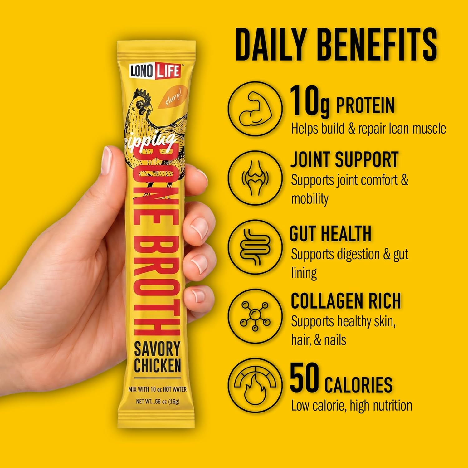 LonoLife Chicken Bone Broth Powder Mix | 10 Portable Stick Pack Servings