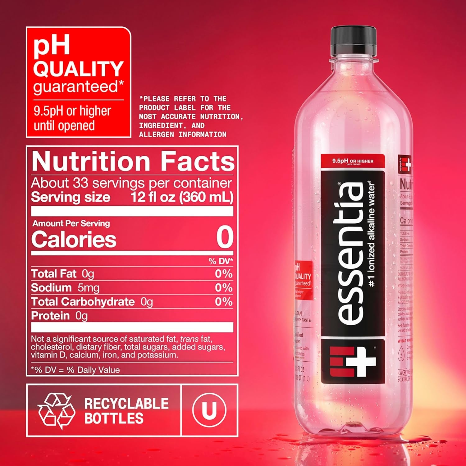 Essentia Ionized Alkaline Water, 9.5 Ph until Opened, 99.9% Pure, Bottled Water, 12Pk
