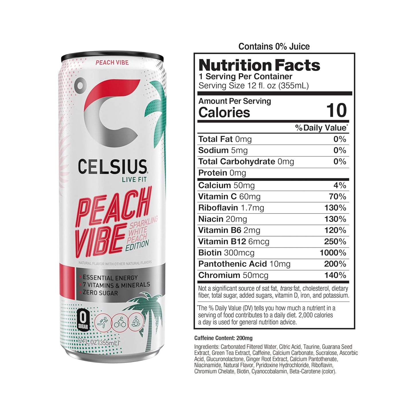 CELSIUS PEACH VIBE Sparkling White Peach Energy Drink, 12 Fl oz (Pack of 12)
