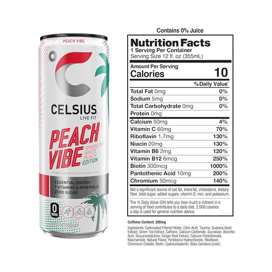 CELSIUS PEACH VIBE Sparkling White Peach Energy Drink, 12 Fl oz (Pack of 12)