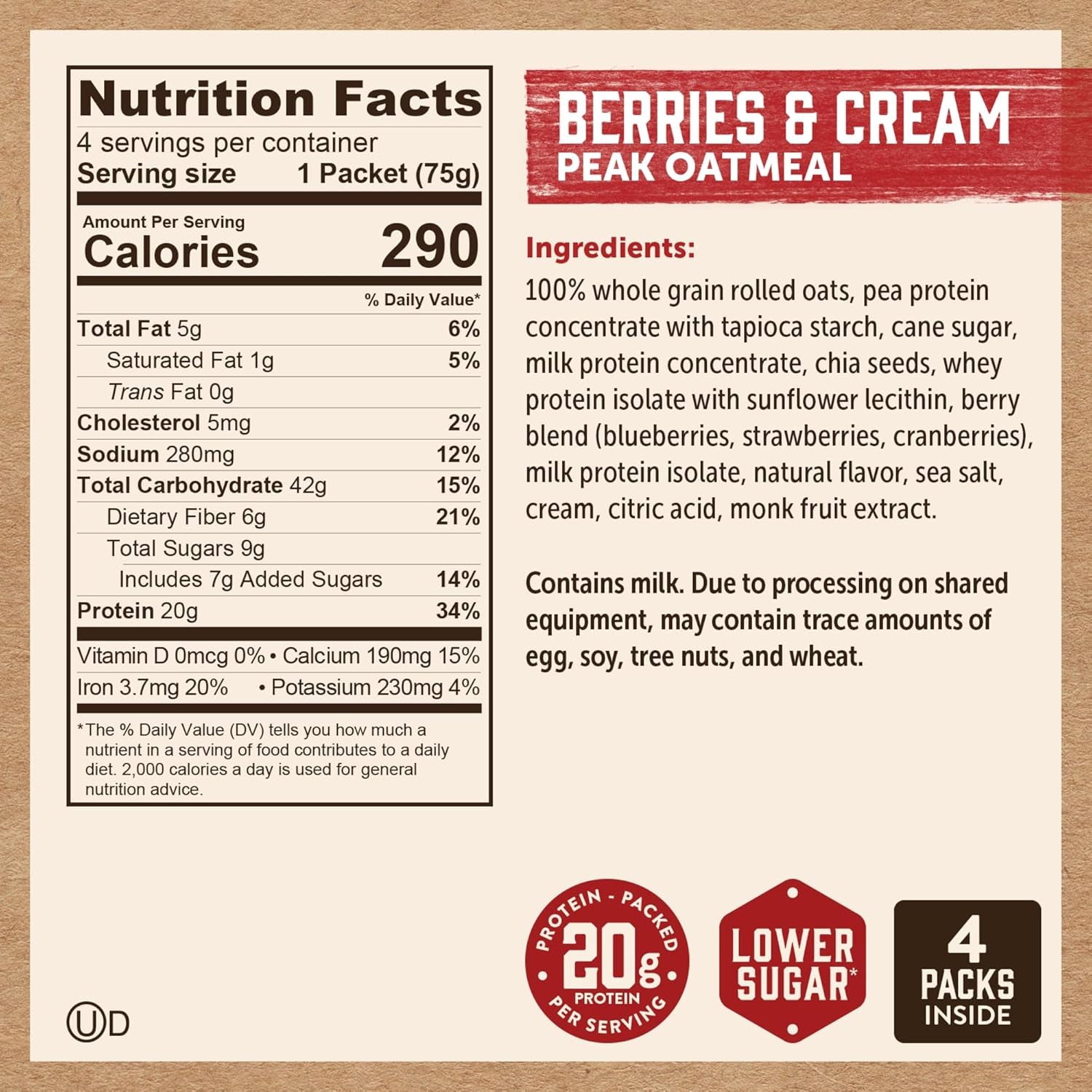 Kodiak Peak Instant Oatmeal Packets, Berries & Cream, High Protein (Total of 24 Packets)
