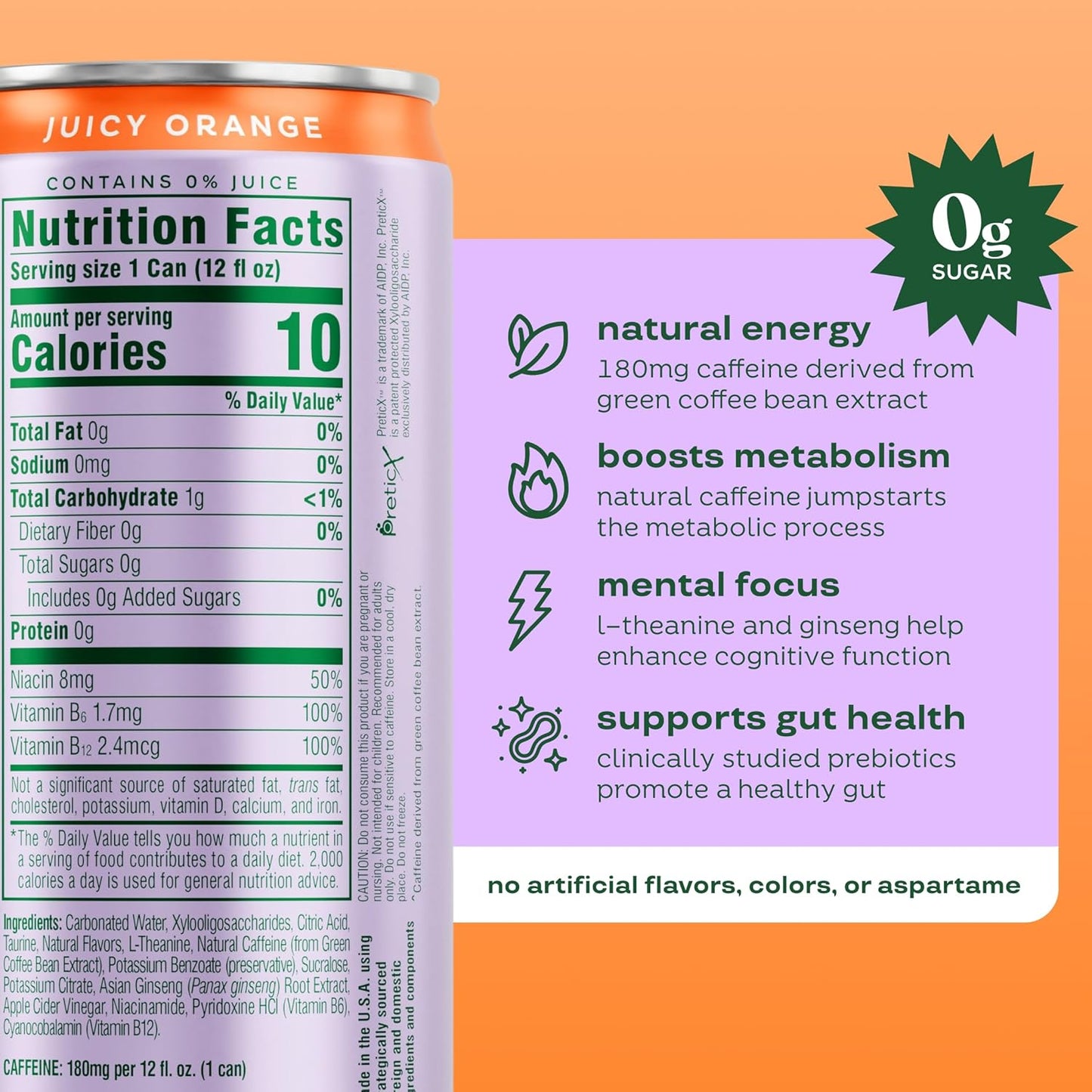 Bloom Nutrition Sparkling Energy Drink - Natural Caffeine, Zero Sugar, 180Mg Caffeine - Orange - 12oz 12 Pack
