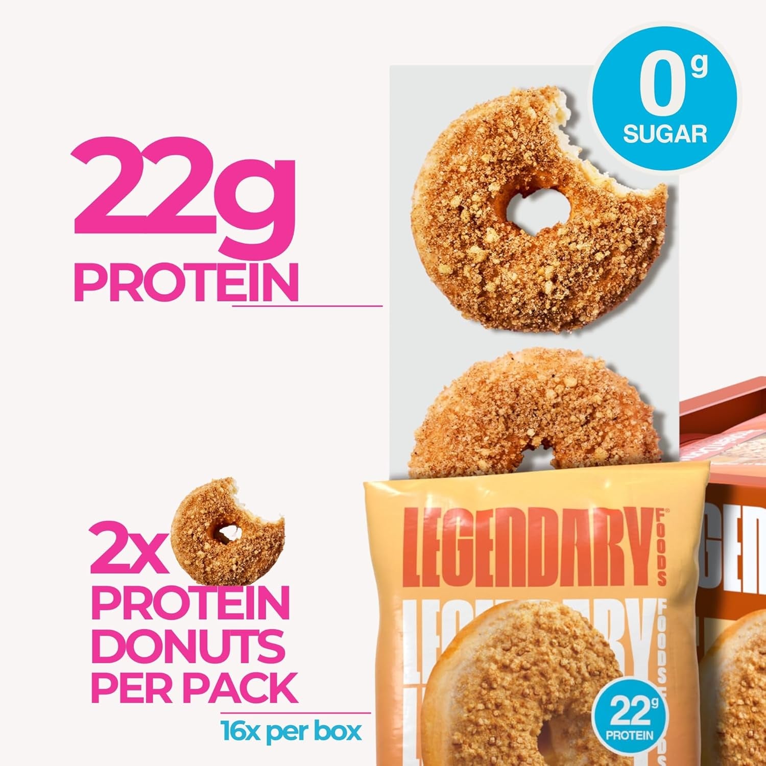 Protein Donuts - 22G Protein, Crumbly Cinnamon, Zero Sugar Snack - 8 Pack with Two Donuts per Pack