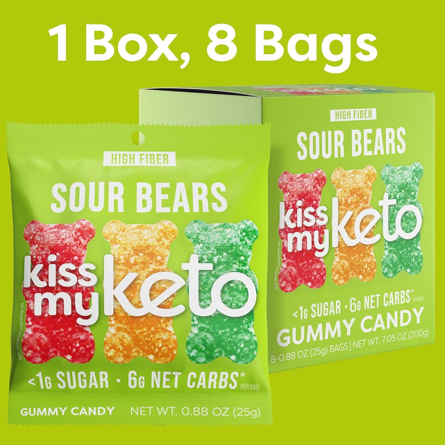Kiss My Keto Sour Sugar Free Gummy Bears, 8-Pack