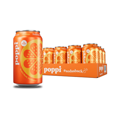 Poppi Sparkling Prebiotic Soda Beverage, Orange Flavor, 12 Fl oz, Pack of 12