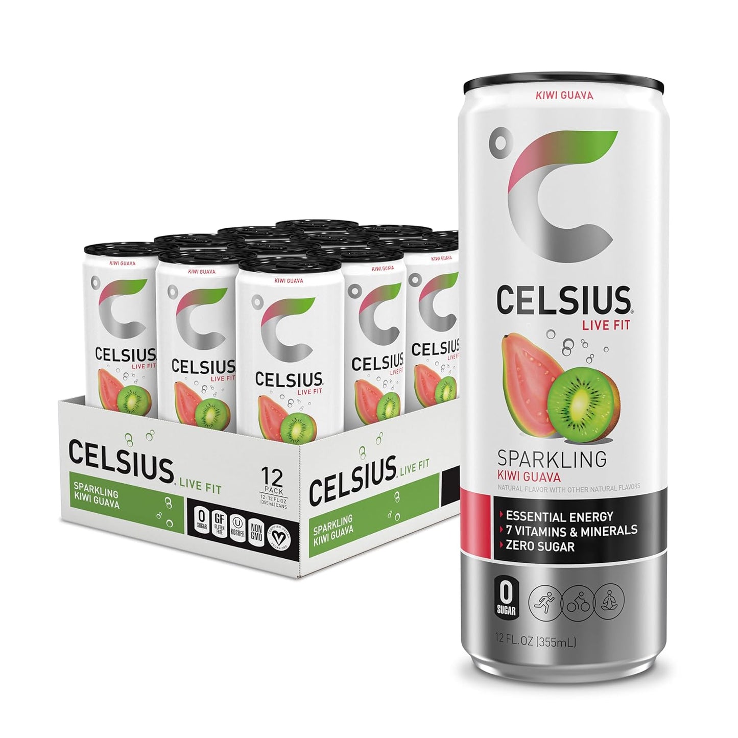 CELSIUS Sparkling Kiwi Guava, Sugar Free Energy Drink, 12 Fl Oz (Pack of 12)