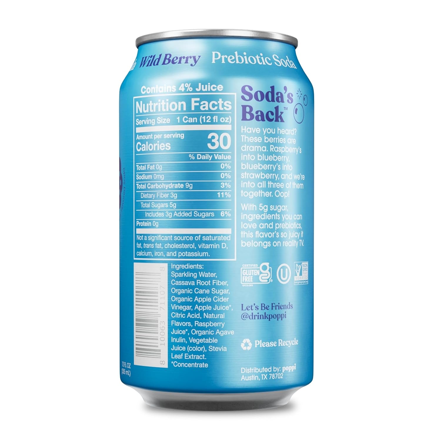 Poppi Sparkling Prebiotic Soda Beverage, Wild Berry Flavor, 12 oz, Pack of 12