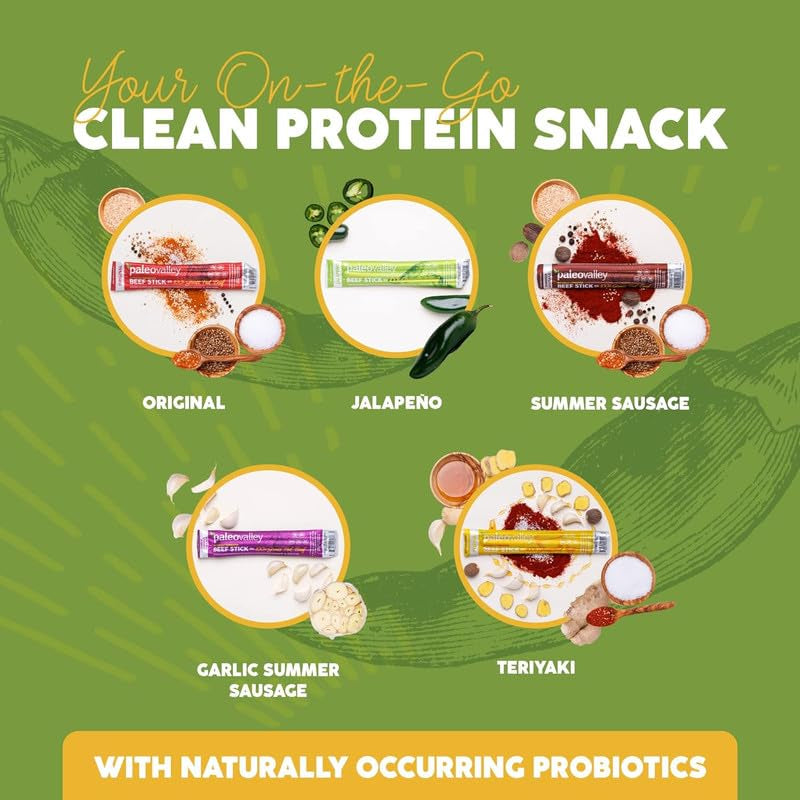 Paleovalley 100% Grass Fed Jalapeno Beef Sticks - Delicious Gluten Free Beef Snack