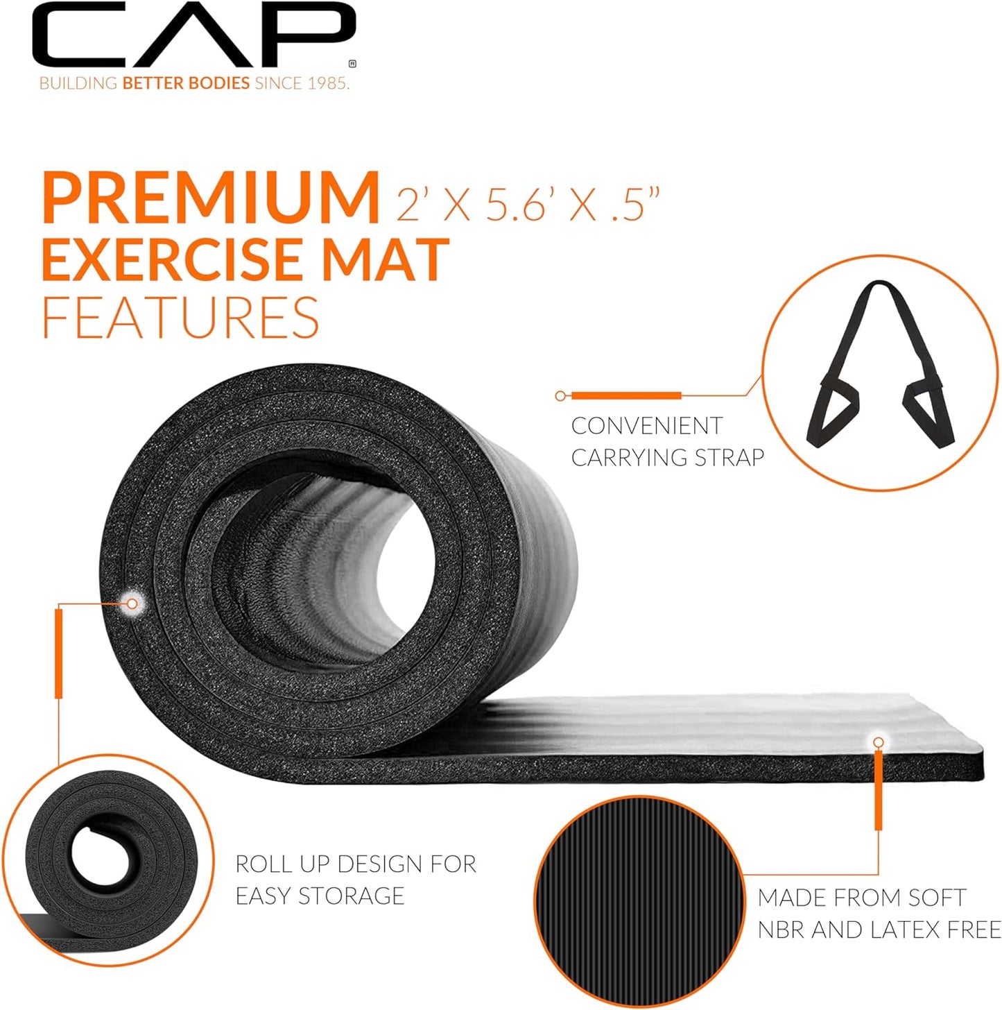 CAP Barbell 1/2-Inch High Density Exercise Yoga Mat with Strap