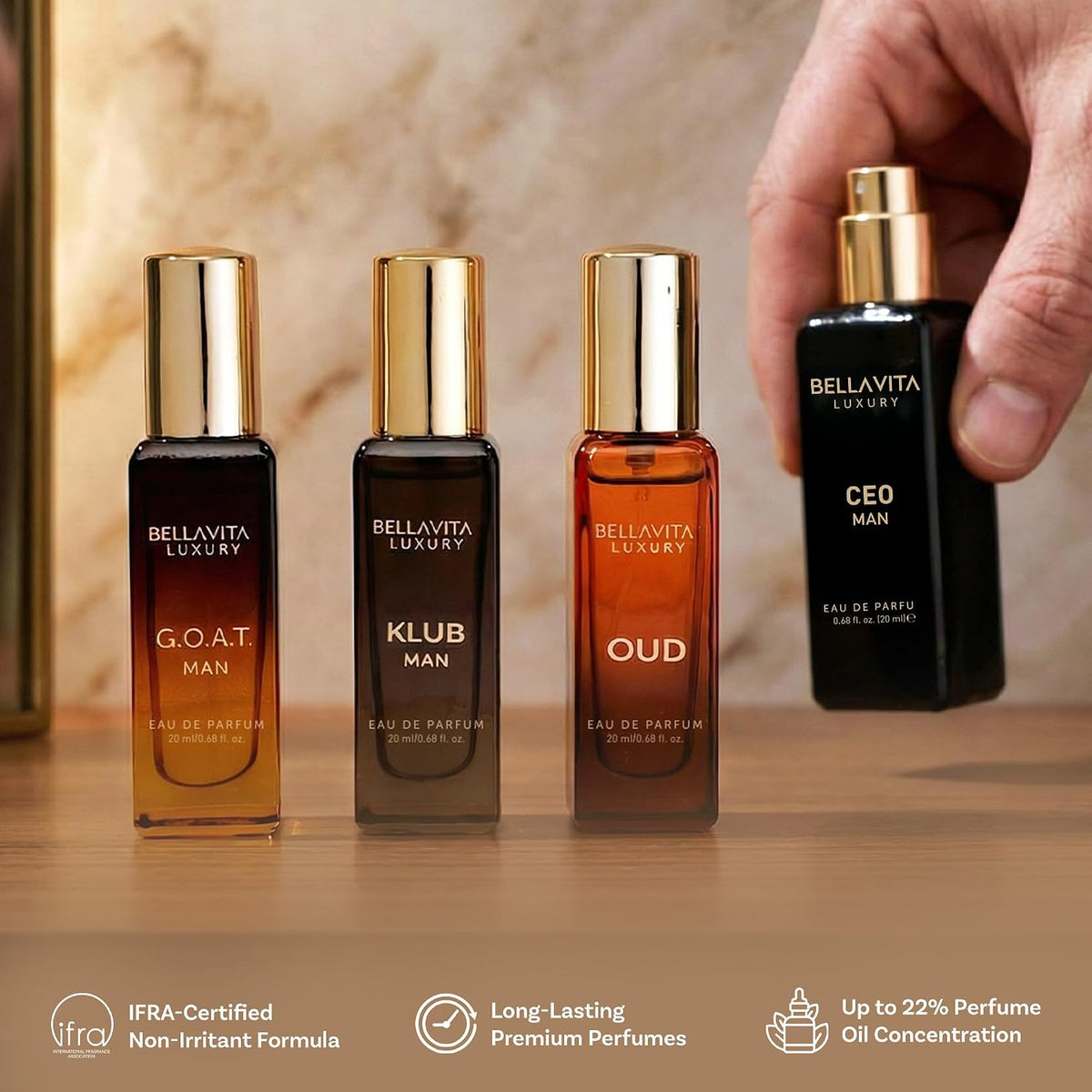 Bellavita Luxury Men's Perfume Gift Set with CEO Man, G.O.A.T., KLUB & OUD | 4 X 20Ml (80Ml) | Citrus, Woody, Patchouli & Caramel Notes