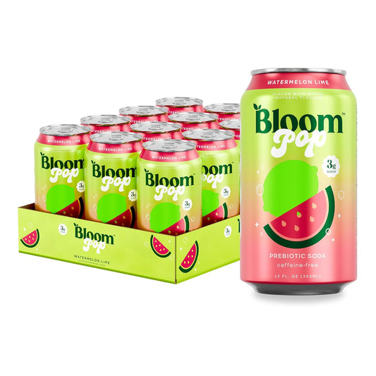 Bloom Pop Prebiotic Soda 12 Pack, Watermelon Lime Flavor, 12oz Cans