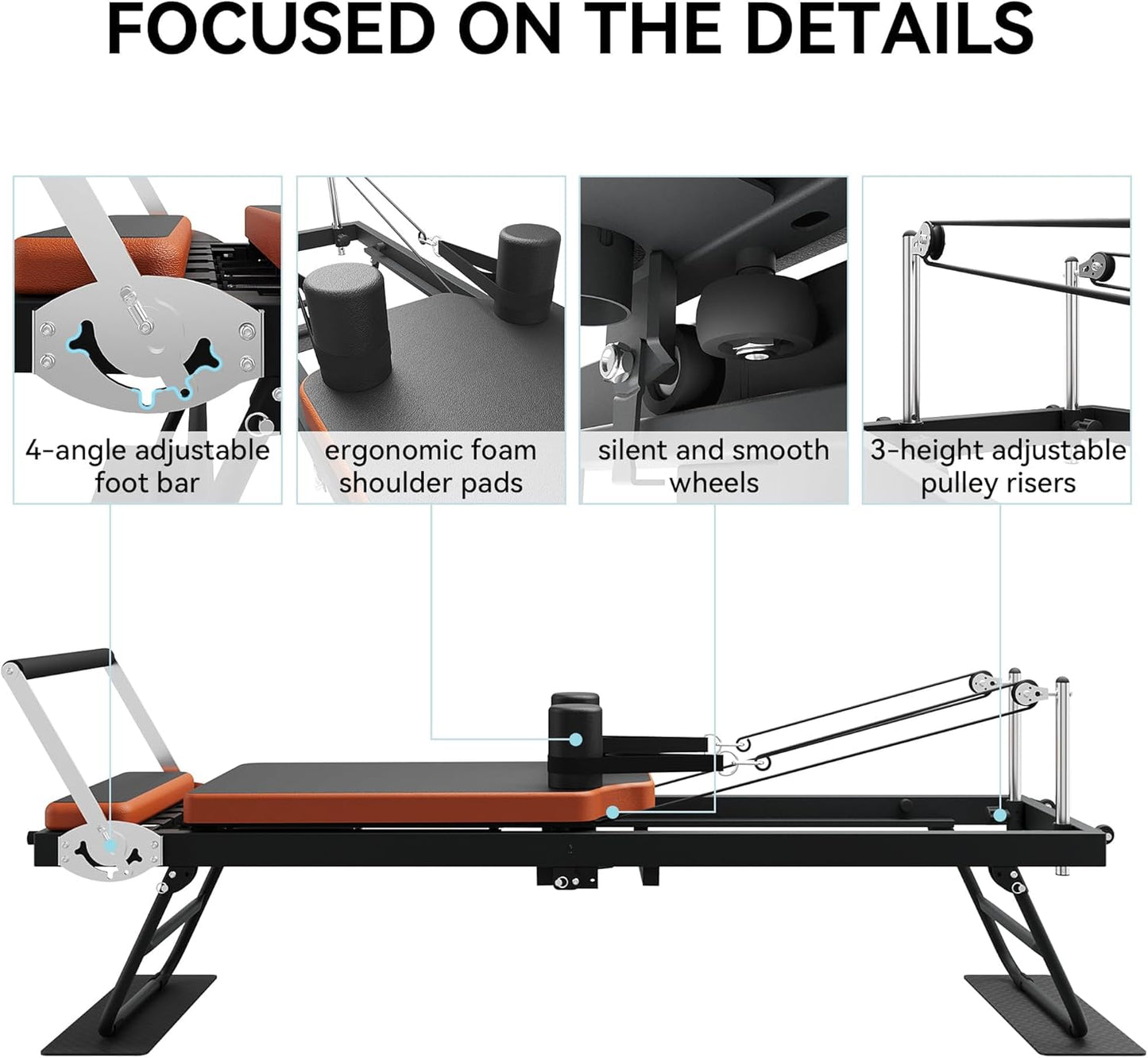 Pilates Reformer, Foldable Pilates Machine & Equipment for Home Use and Gym Workout, Suitable for Advanced and Beginners Users, up to 250 Lbs Weight Capacity