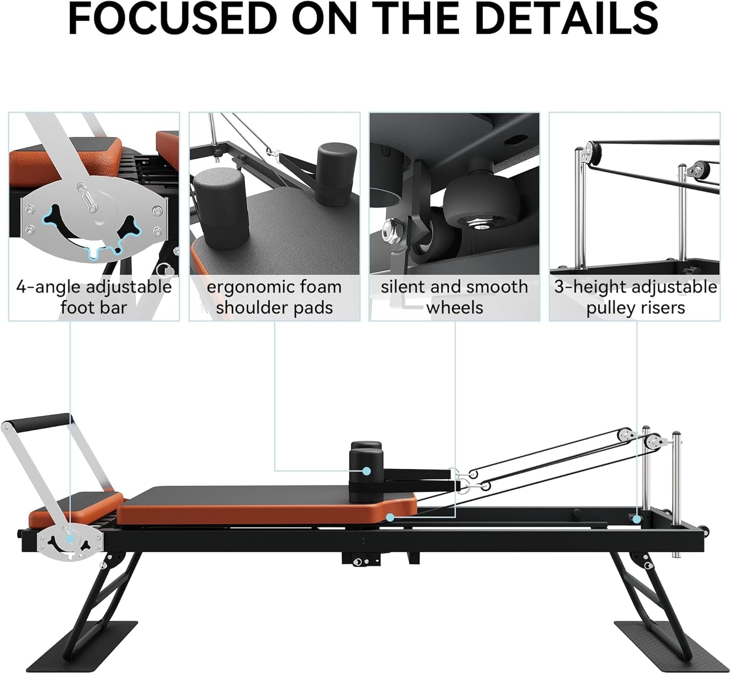 Pilates Reformer, Foldable Pilates Machine & Equipment for Home Use and Gym Workout, Suitable for Advanced and Beginners Users, up to 250 Lbs Weight Capacity