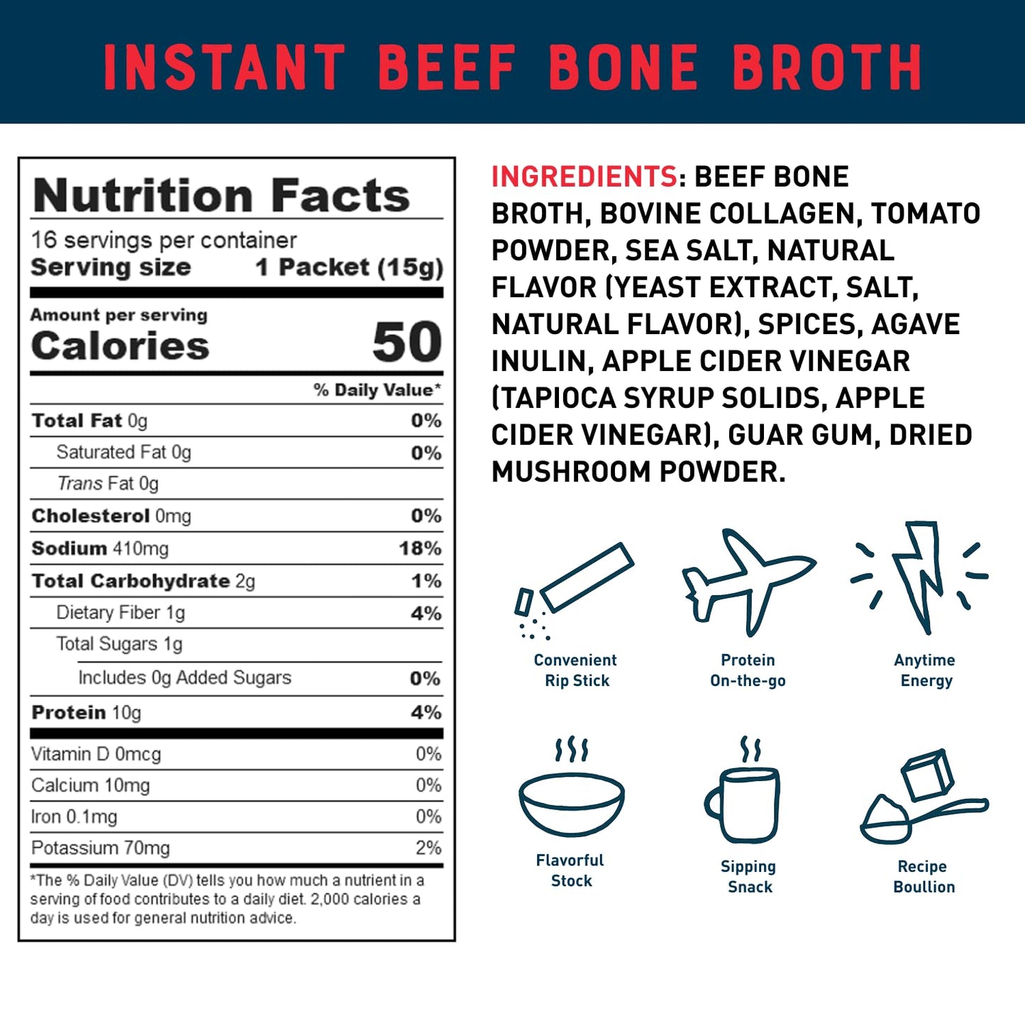 Beef Bone Broth Instant Powdered Mix Packets | 5G Collagen | 10G Protein | Keto & Paleo Friendly