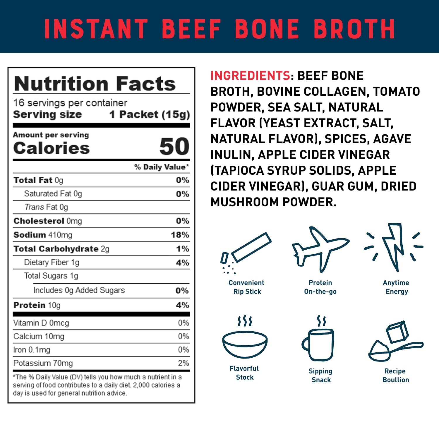 Beef Bone Broth Instant Powdered Mix Packets | 5G Collagen | 10G Protein | Keto & Paleo Friendly