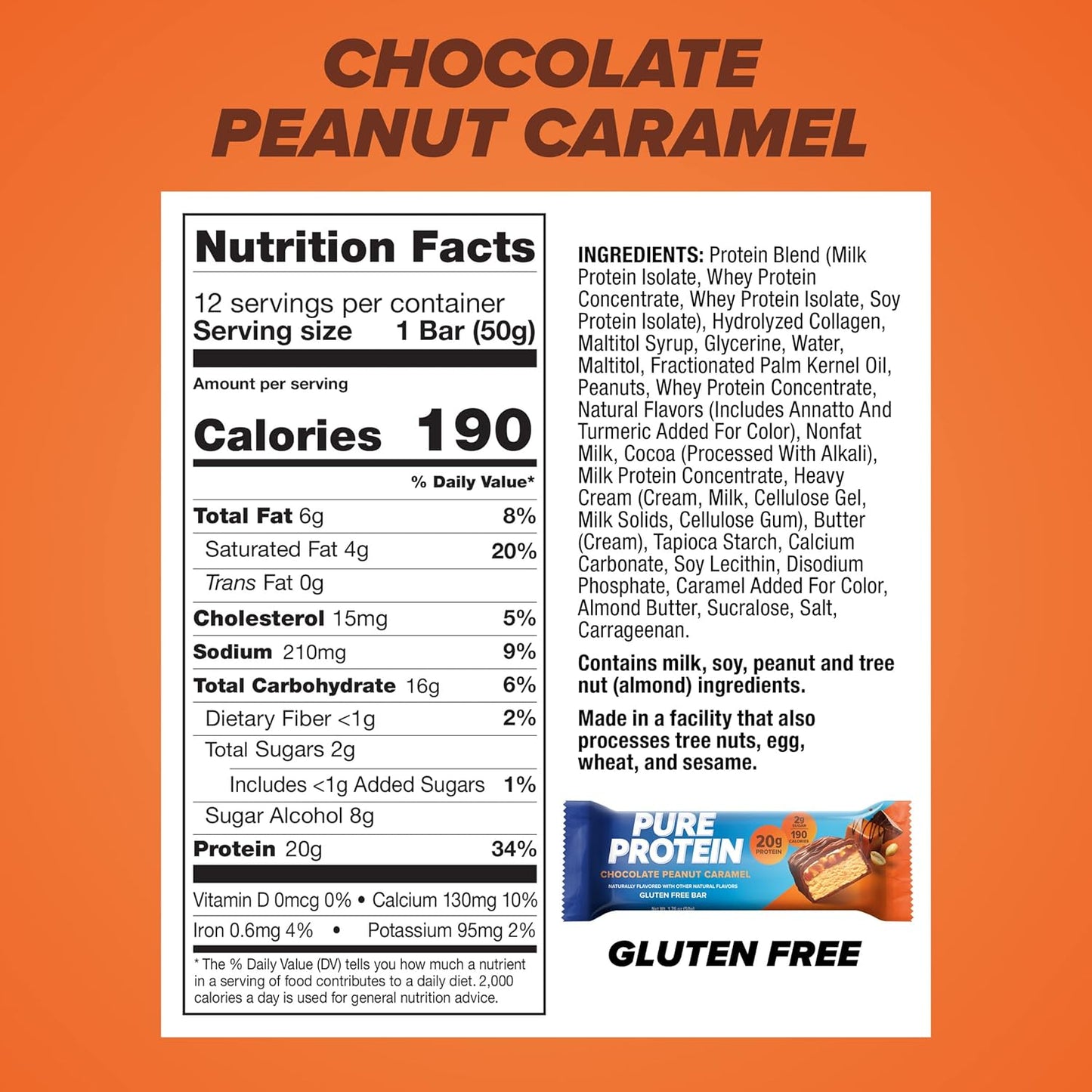 Pure Protein Chocolate Peanut Caramel Protein Bars – 20G Protein, 3G Sugar, 190 Calories (12 Count)