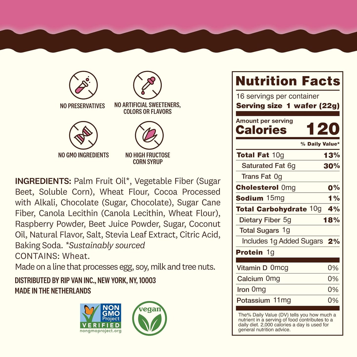 Rip Van Raspberry & Dark Chocolate Wafer Cookies - Non GMO Keto Cookies - 16 Count