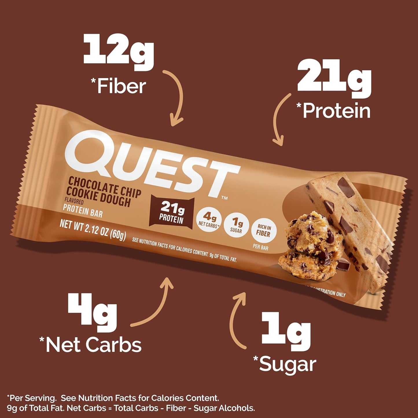 Quest Nutrition Chocolate Chip Cookie Dough Protein Bars, 20G Protein, 12 Count