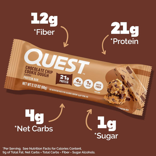 Quest Nutrition Chocolate Chip Cookie Dough Protein Bars, 20G Protein, 12 Count