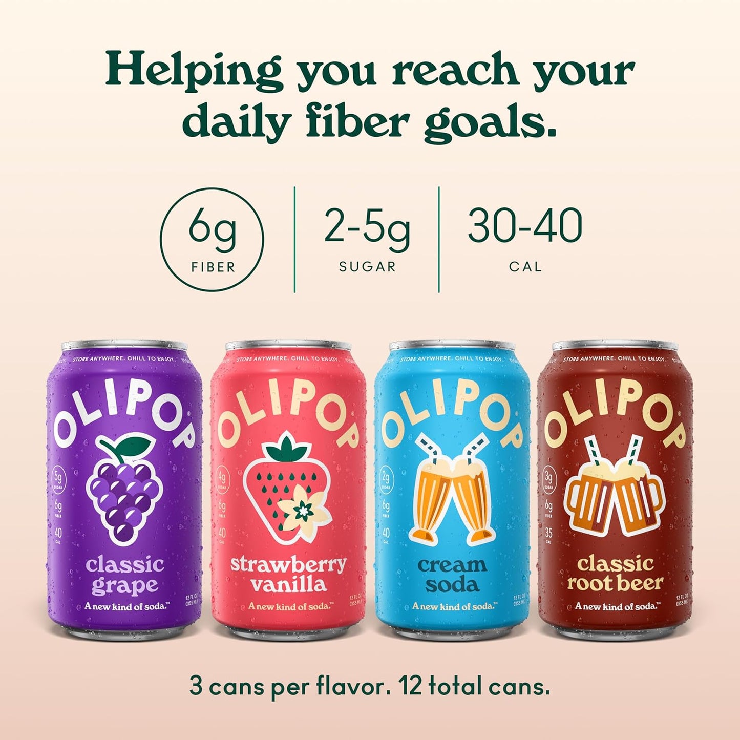 OLIPOP Prebiotic Soda Pop, Favorites Variety, Pantry Pack Packed with Prebiotics, Fiber, and Botanicals, Gluten Free, GMO Free, 12Oz (12-Cans) (Packaging May Vary)