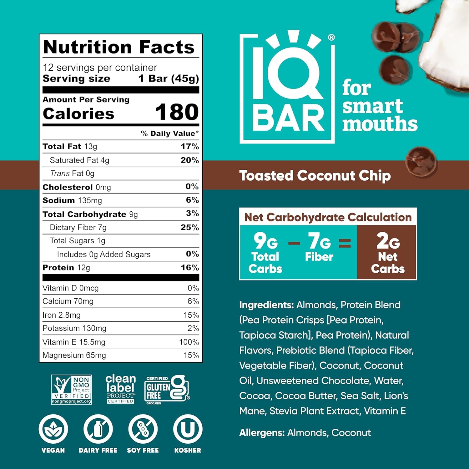 IQBAR Clean Plant Protein Bars - Toasted Coconut Chip - 12 Count