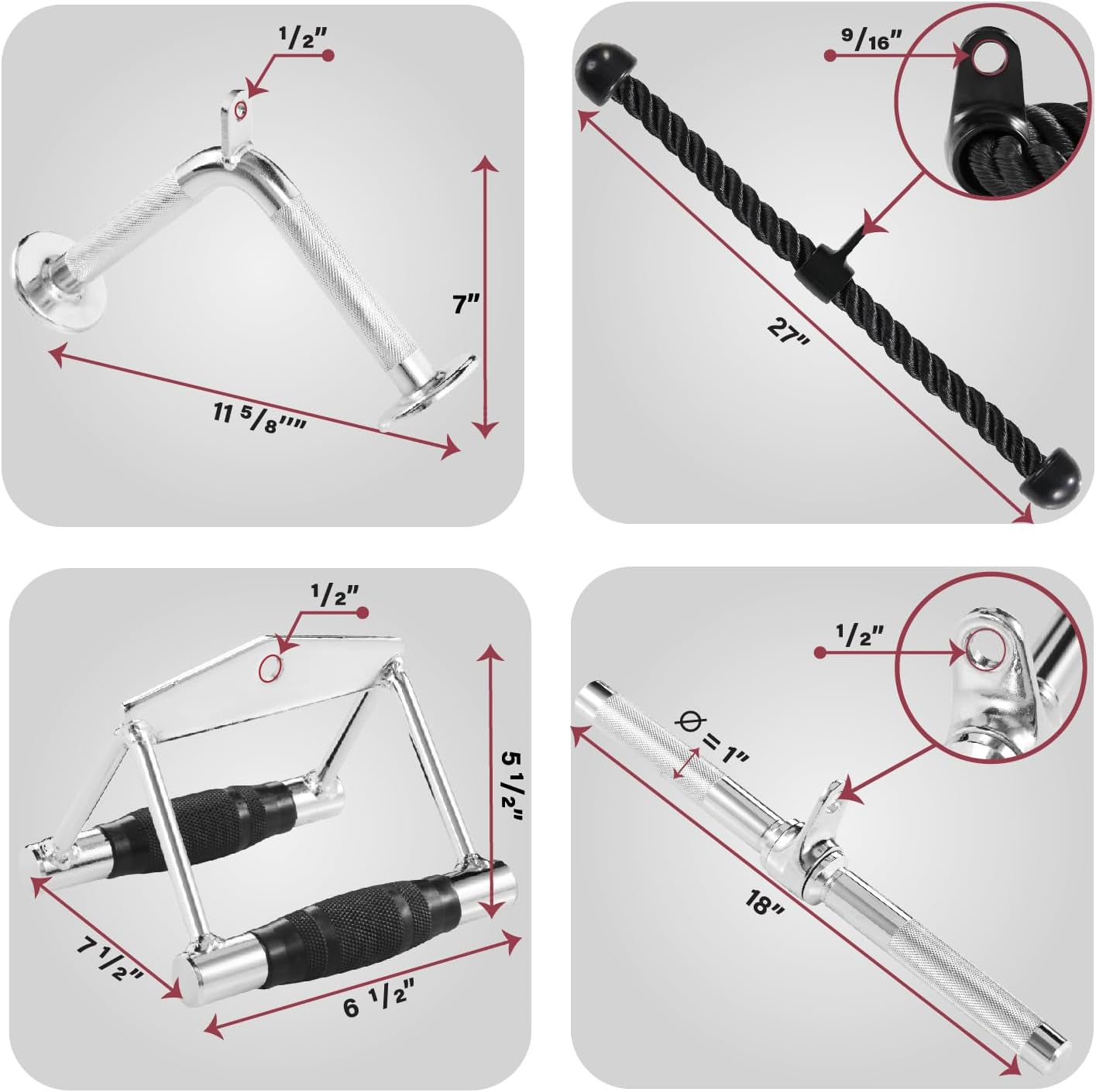 Cable Machine Attachment, Row Handles, Tricep Rope, Straight Bar, V Bar Accessories