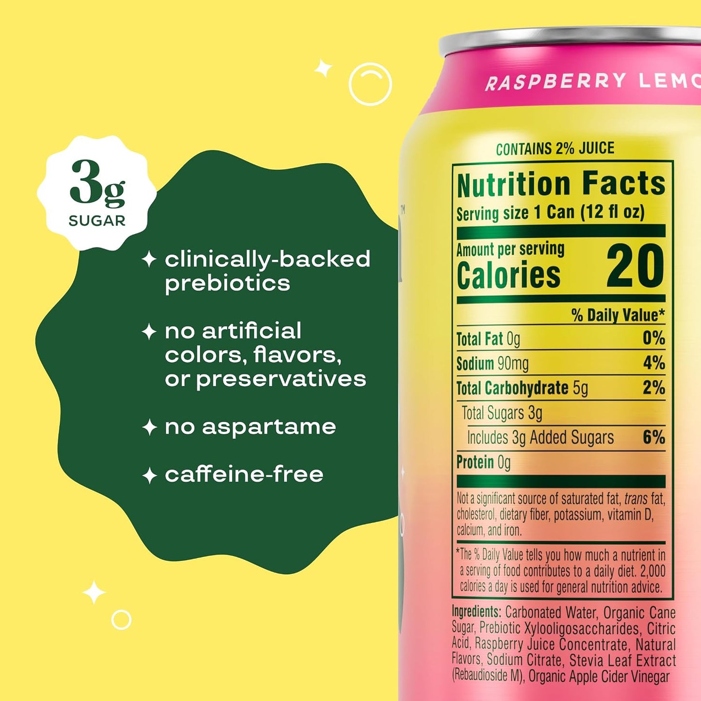 Bloom Pop Prebiotic Soda 12 Pack, Raspberry Lemonade Flavor, 12oz Cans