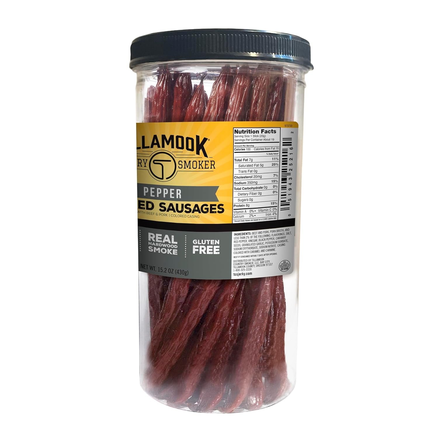 Tillamook Country Smoker Real Hardwood Smoked Sausages, Pepper, 15.2 Ounce Tall Jar, 20 Count