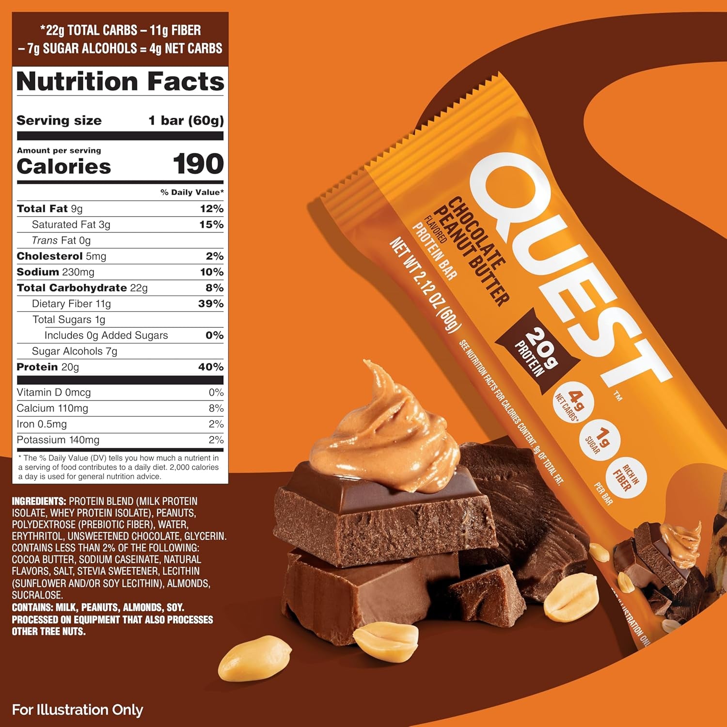 Quest Nutrition Chocolate Peanut Butter Bars, 20G Protein, 12 Count
