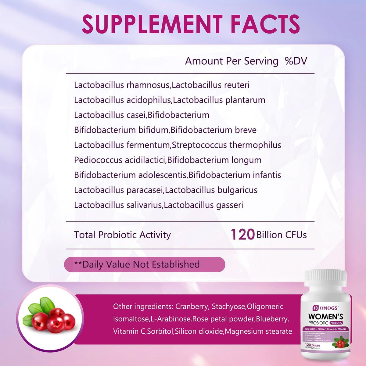 OMOGS Women'S Probiotic, with Cranberry Extract, Organic Prebiotics & Vitamin C, 120 Billion Cfus,18 Strains, Help for Boost Immune, Digestive, Gut Health & Women'S Health,120 Tablets