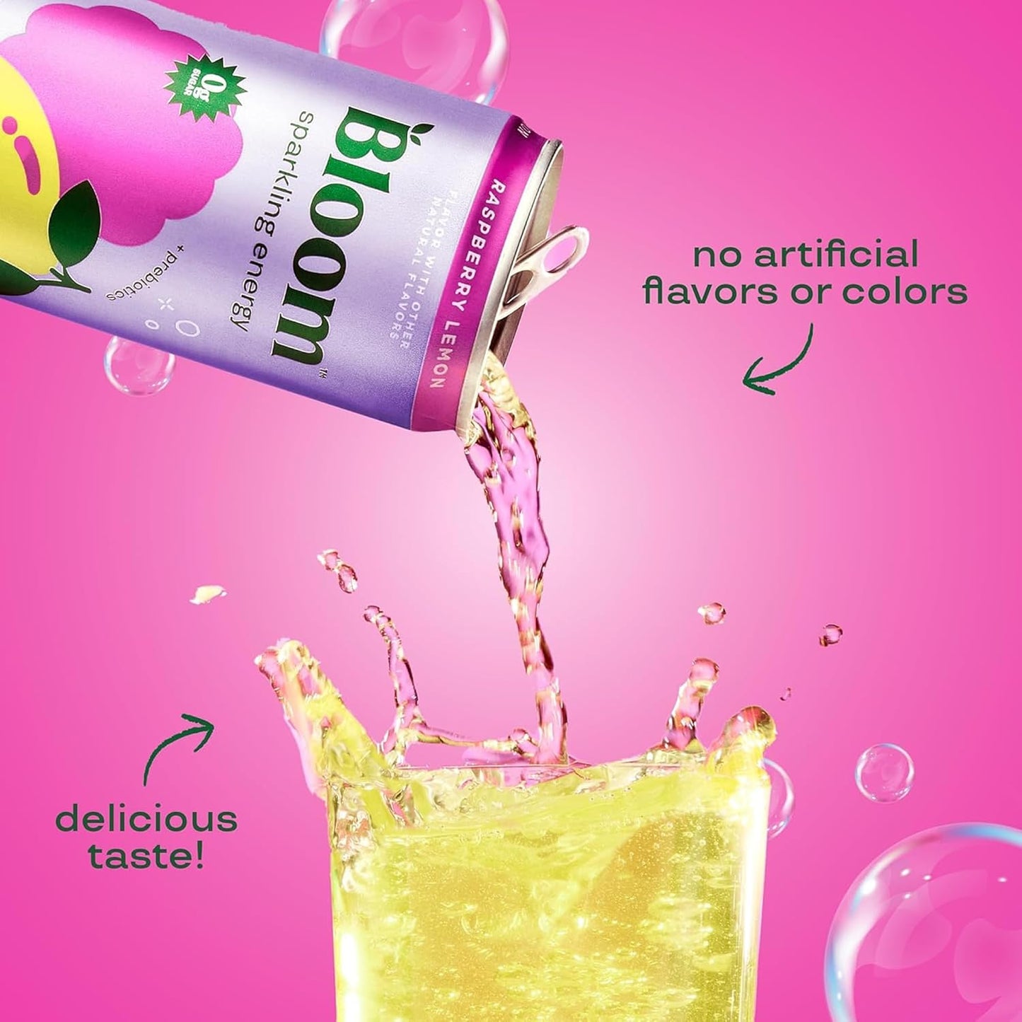 Bloom Nutrition Sparkling Energy Drink for Focus - Natural Caffeine, Zero Sugar, 180Mg Caffeine - Raspberry Lemon - 12oz 12 Pack