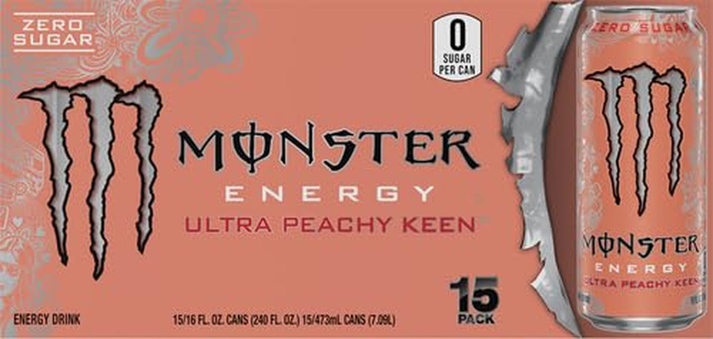 Monster Energy Ultra Peachy Keen, Sugar Free Energy Drink, 16 Oz (Pack of 15) | Pack of 15