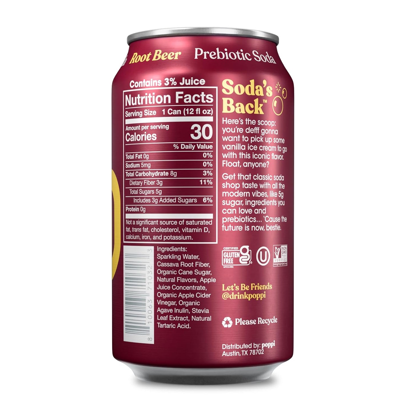 Poppi Prebiotic Soda, Sparkling Water & Fruit Juice, Root Beer, 12 oz, 12 Pack