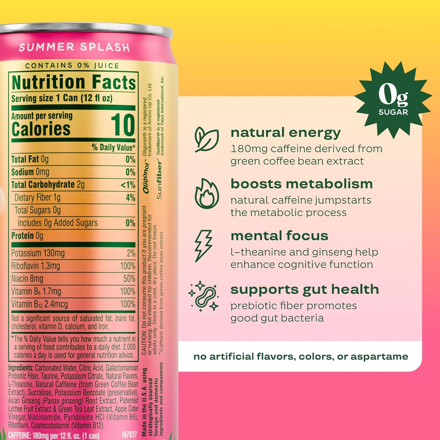 Bloom Nutrition Sparkling Energy Drink - Natural Caffeine, Zero Sugar, 180Mg Caffeine - Summer Splash - 12oz 12 Pack