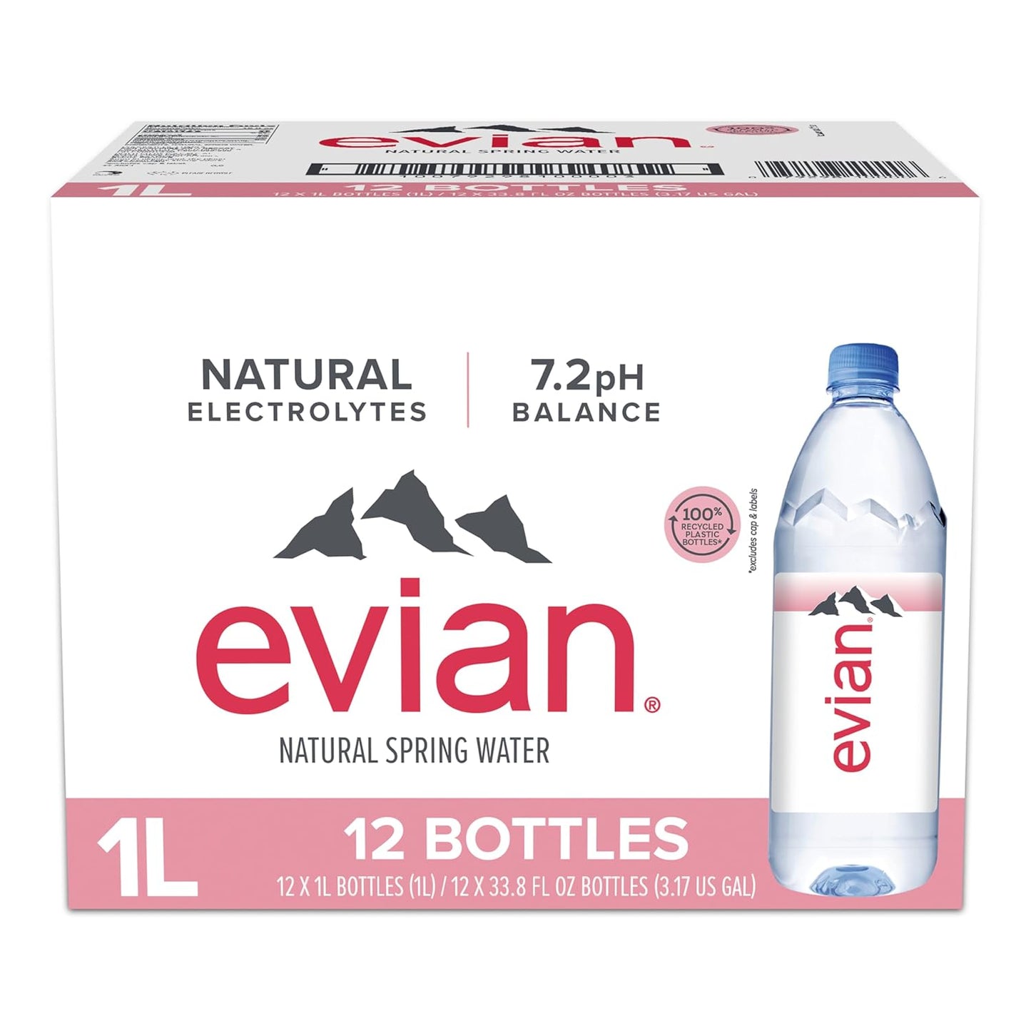 Evian Natural Spring Water, 1 L Bottle, 12 Pack