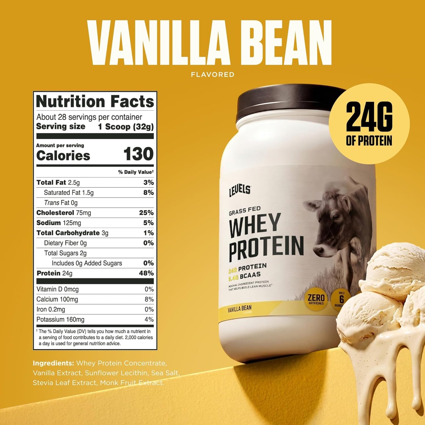 Levels Grass Fed Whey Protein Powder, No Artificials, 24G of Protein, 2LB