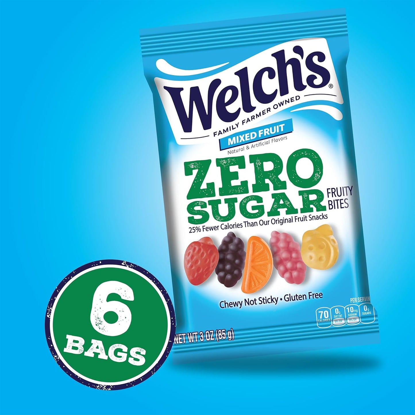 Welch's Zero Sugar Fruity Bites, Mixed Fruit Snack Box, Gluten Free & Sugar Free Snacks (Pack of 6)