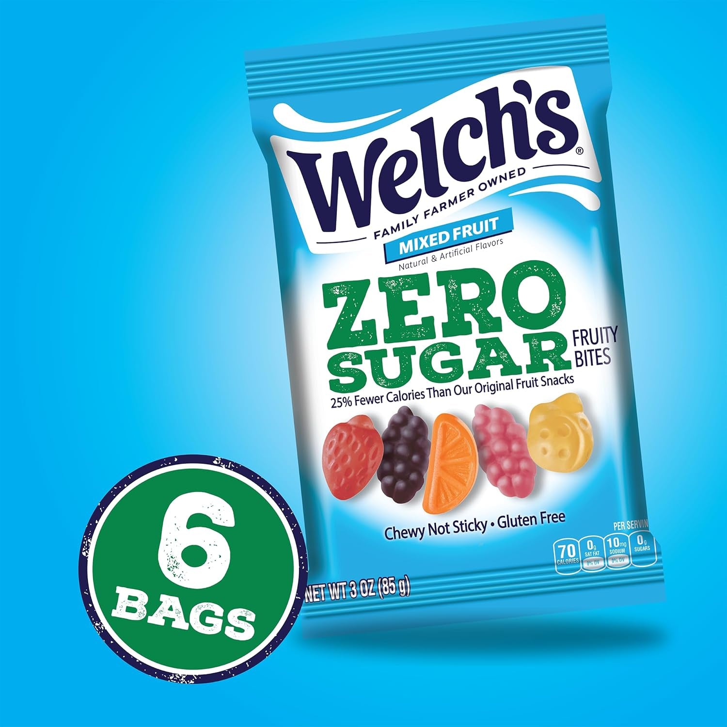 Welch's Zero Sugar Fruity Bites, Mixed Fruit Snack Box, Gluten Free & Sugar Free Snacks (Pack of 6)