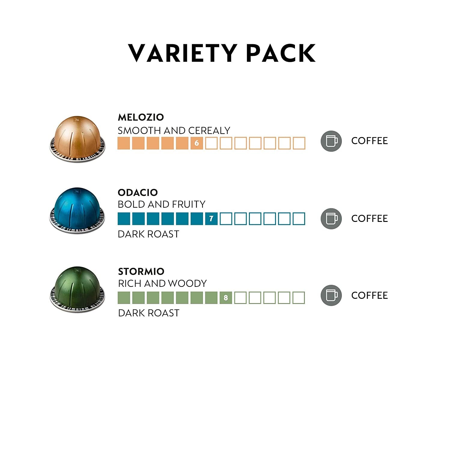 Nespresso Capsules Vertuo, Variety Pack, Medium and Dark Roast Coffee, Brews 7.8 Oz.