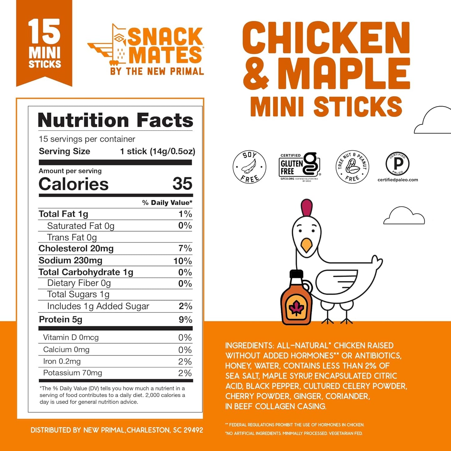 The New Primal Snack Mates Chicken & Maple Sticks, 5G Protein, 35 Calories, 15 Pack