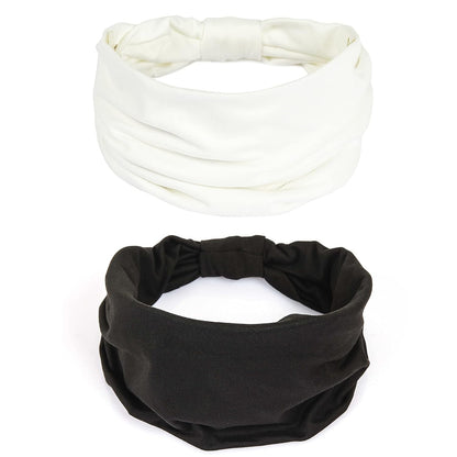 Gili 2 Pack Wide Headbands for Women Boho African Knotted Non Slip Fashion Hair Bands Yoga Running Sports Workout Gym Head Wraps Elastic Soft Cotton Cloth Turbans Bandana for Girls (White,Black)