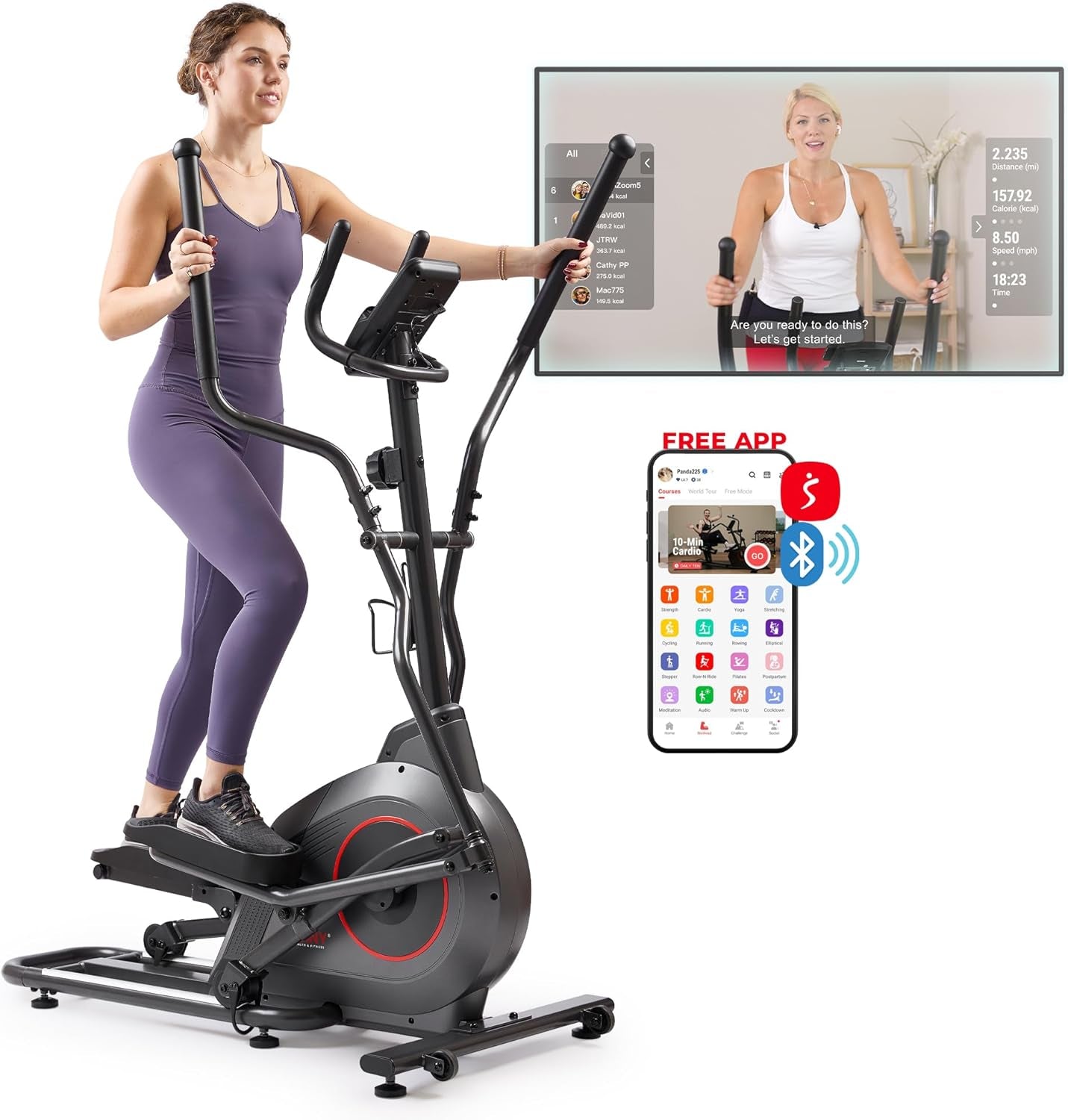 Smart Upright Elliptical W/Pulse Sensor Built-In, Indoor Full-Body Cross-Training & Cardio Exercise Machine for Home, Free Sunnyfit App Connection