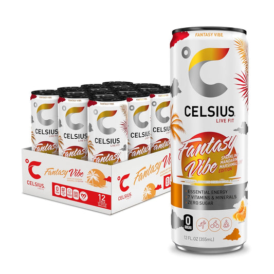 CELSIUS FANTASY VIBE Sparkling Mandarin Marshmallow, Sugar Free Energy Drink, 12 Fl Oz (Pack of 12)