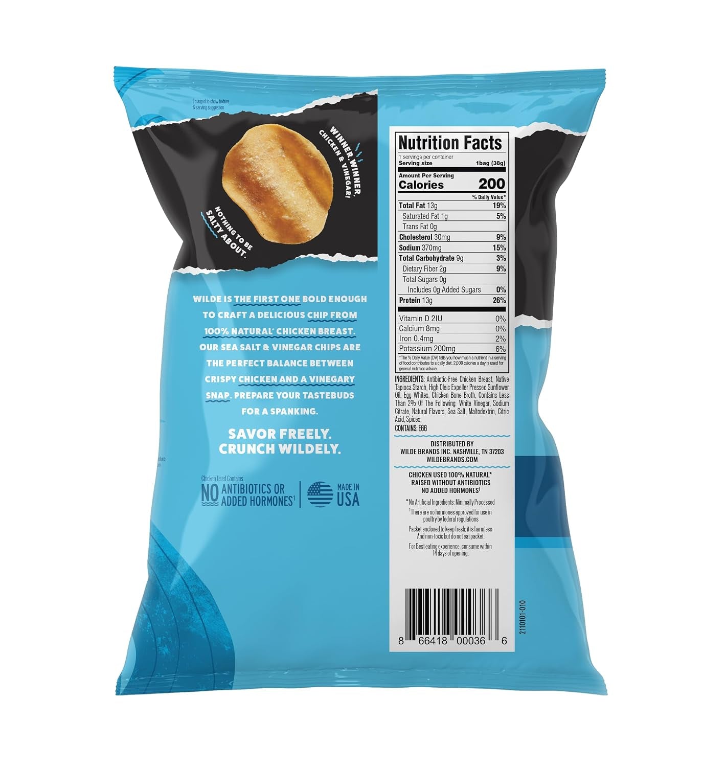 WILDE Protein Chips, Sea Salt & Vinegar, High Protein Snacks, Pack of 12