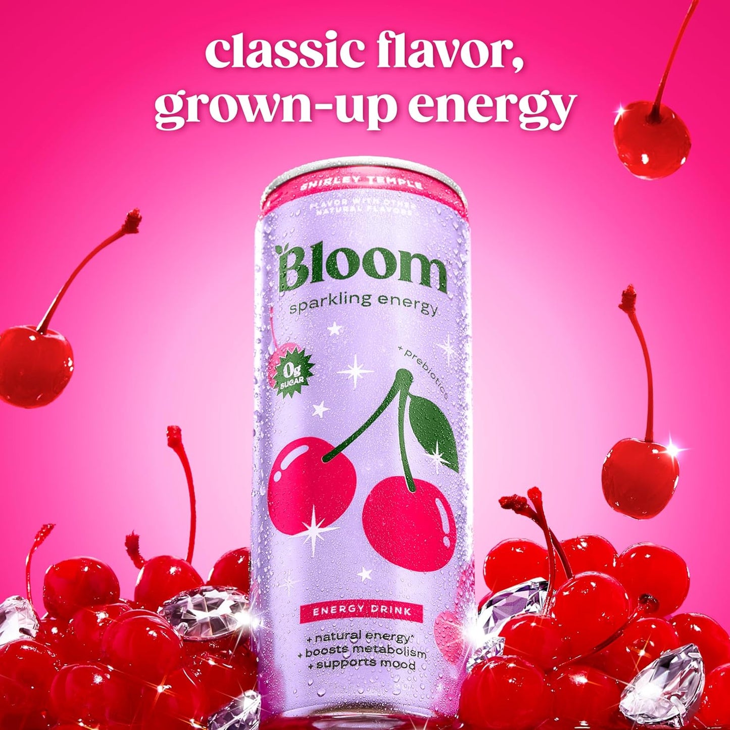 Bloom Nutrition Sparkling Energy Drink - Natural Caffeine, Zero Sugar, 180Mg Caffeine - Shirley Temple- 12oz 12 Pack